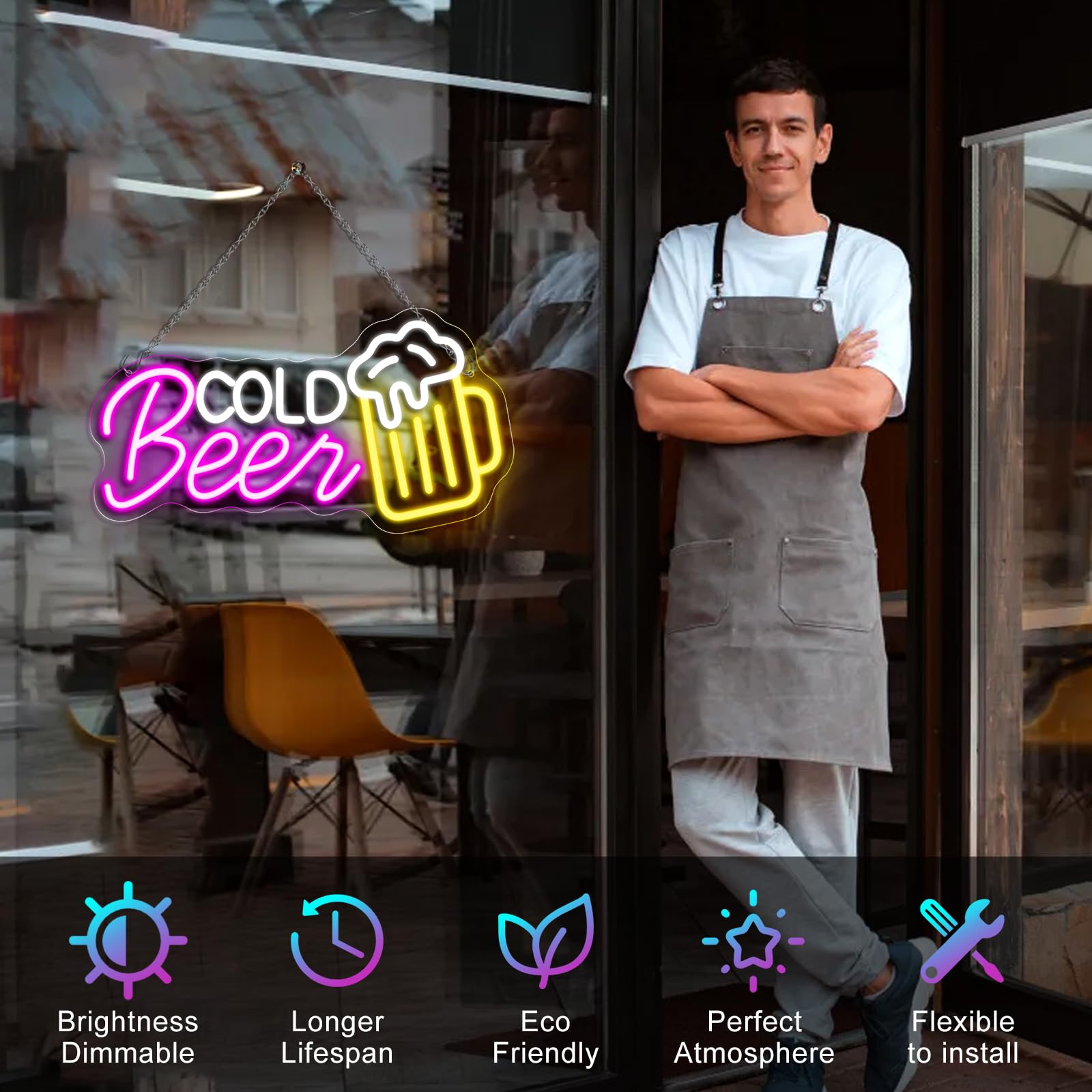 Panneau LED « Bière froide » – 41,9 cm x 22,3 cm | Éclat multicolore | Alimentation USB | Suspension | Idéal pour bar, pub, salon, discothèque et éclairage d'ambiance de fête