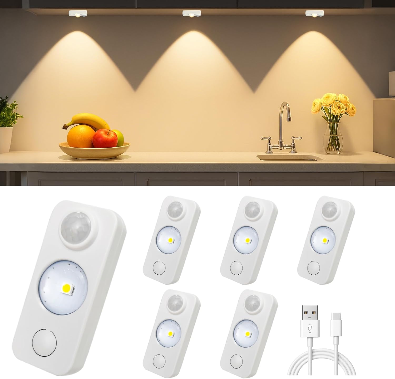 Rechargeable LED Puck Closet Light – 4/6/8 Pack | Motion Sensor, Tap Switch, Dimmable | Warm / Daylight White | Black / White Finish | Easy Mounting for Closets & Cabinets