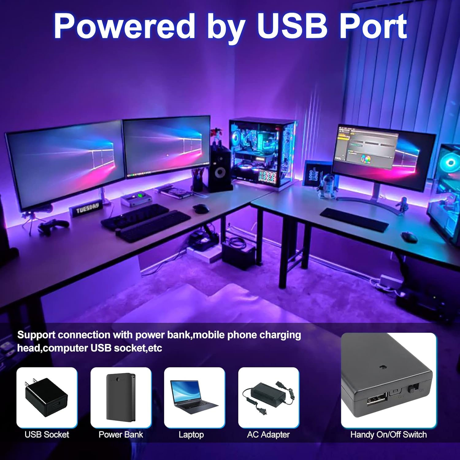 8.2FT UV Black Light LED Strip – SMD3528 | 380–400nm | USB Powered UV Light Strip with Battery Box | Non-Waterproof | For Fluorescent Party, Body Paint, Glow Decoration (2 Pack)