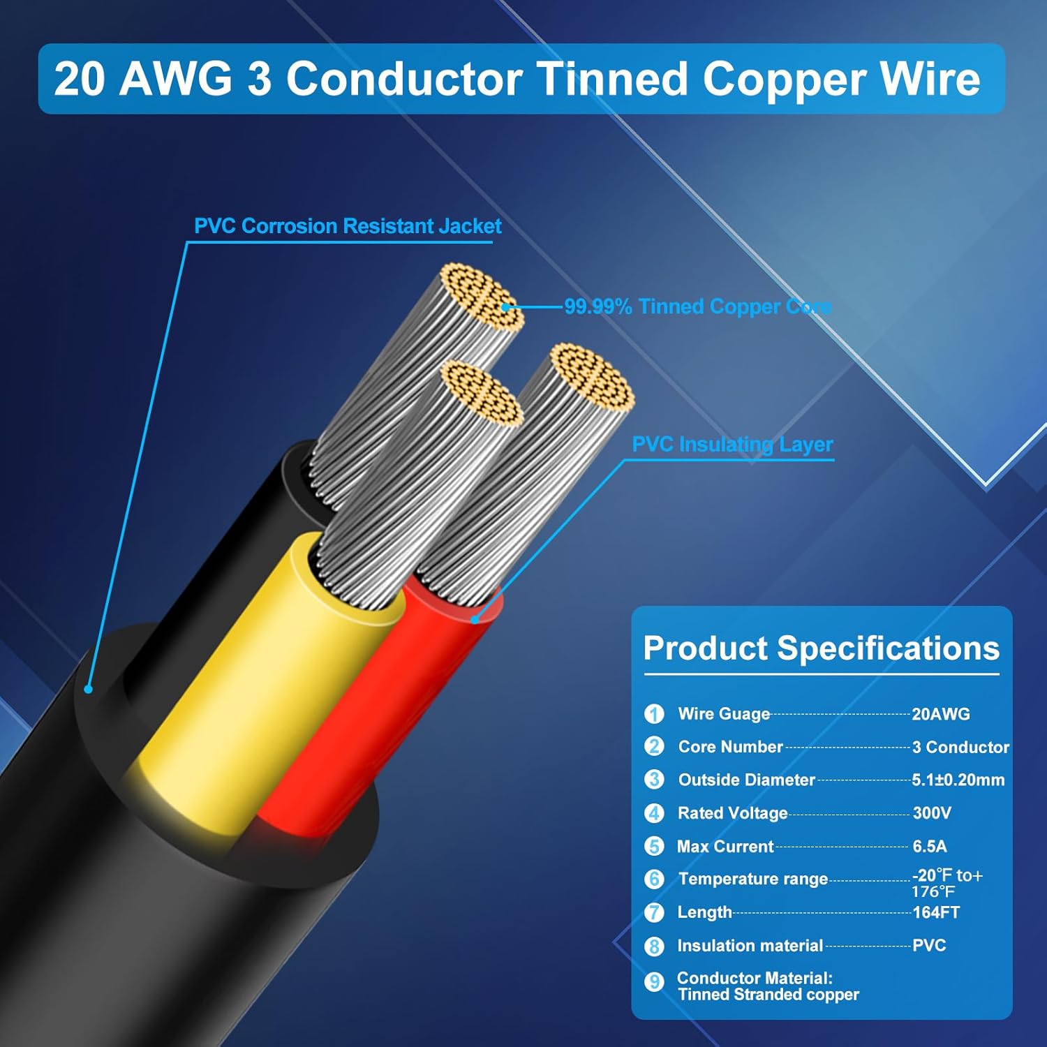 20 AWG Multi-Core Wire, 6/7/8 Conductor Stranded Tinned Copper Electrical Cable, Black/White PVC Insulated Control Extension Cord, 10/20/50m (33ft–165ft) Options