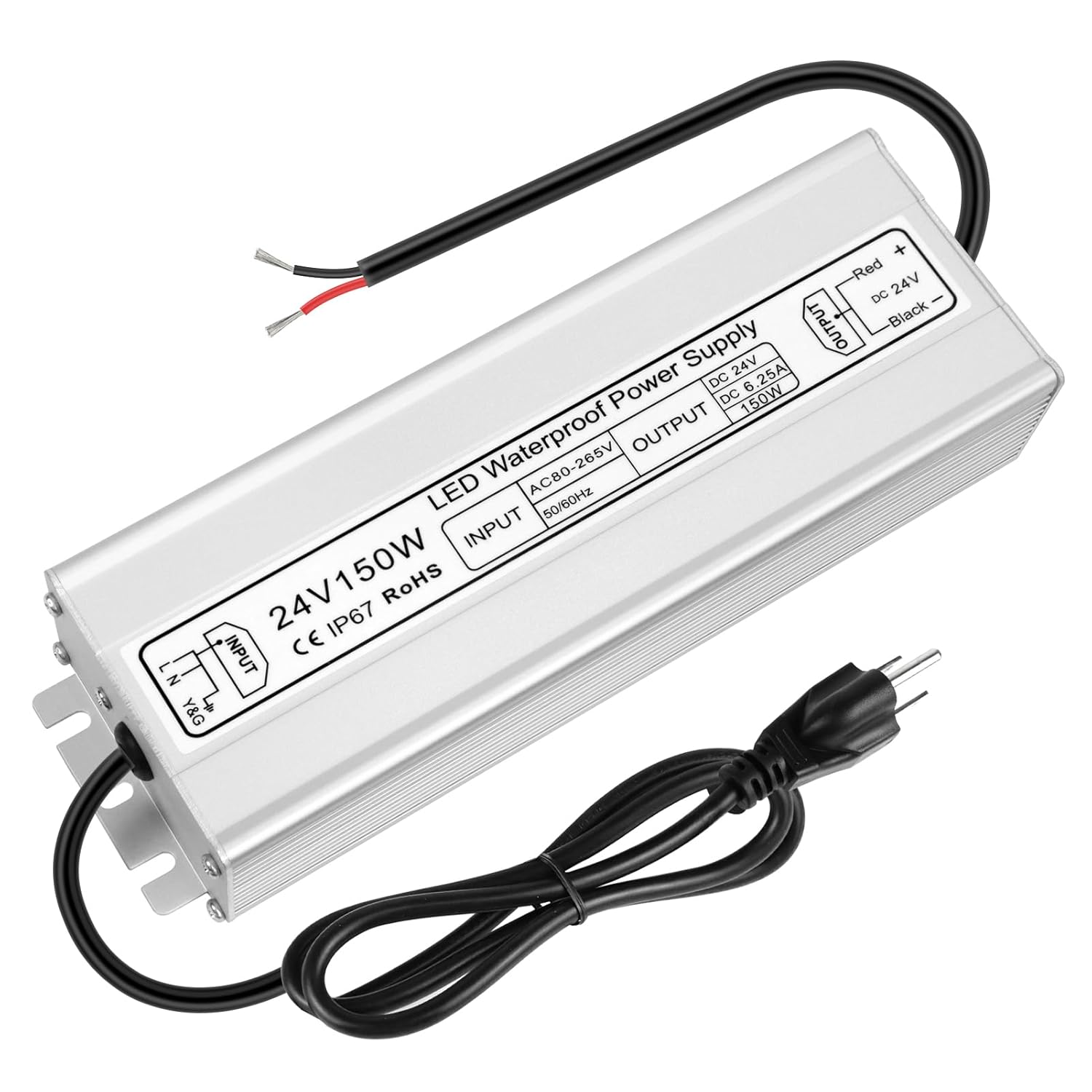 24V Waterproof LED Power Supply 30W–300W, 90–265V Input, Single/Dual Wire Output, Outdoor LED Driver, CE/RoHS/FCC — US/UK/EU Plug & Wire Leads Options