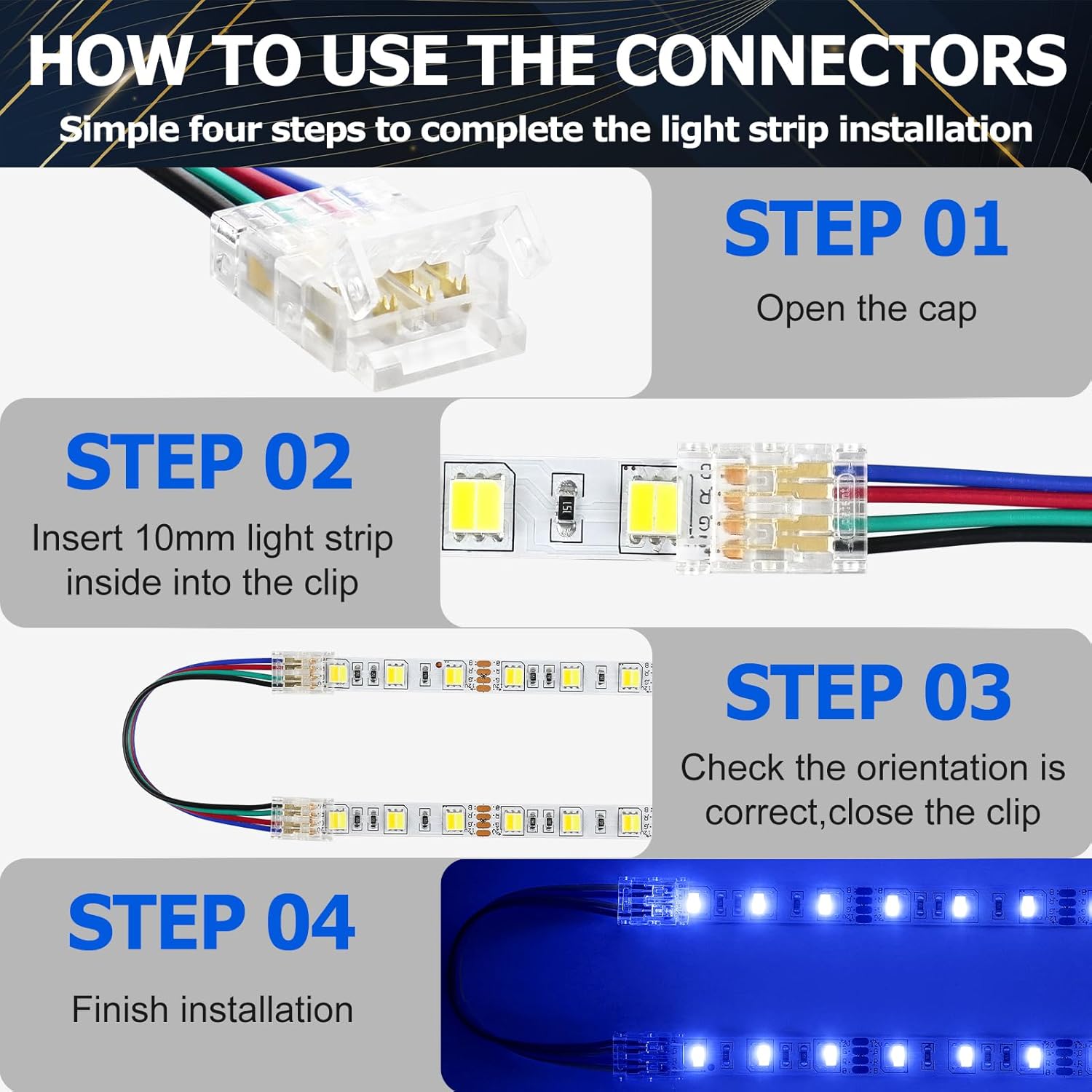 Connecteurs pour bande LED en cristal transparent – Clips sans soudure 10 mm 4 broches | Bande à fil / Bande à bande / Fiche femelle – Vente en gros, 500 pièces, MOQ | Direct usine