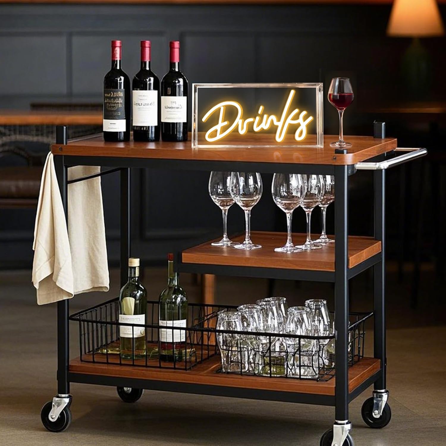 Panneau lumineux de bureau DRINKS – Rectangulaire 30,5 x 15,2 cm | Blanc chaud/rose | Alimentation USB | Présentoir de table | Pour décoration de table, bar, cuisine, club, pub, restaurant, décoration murale et accessoires pour chariot de bar