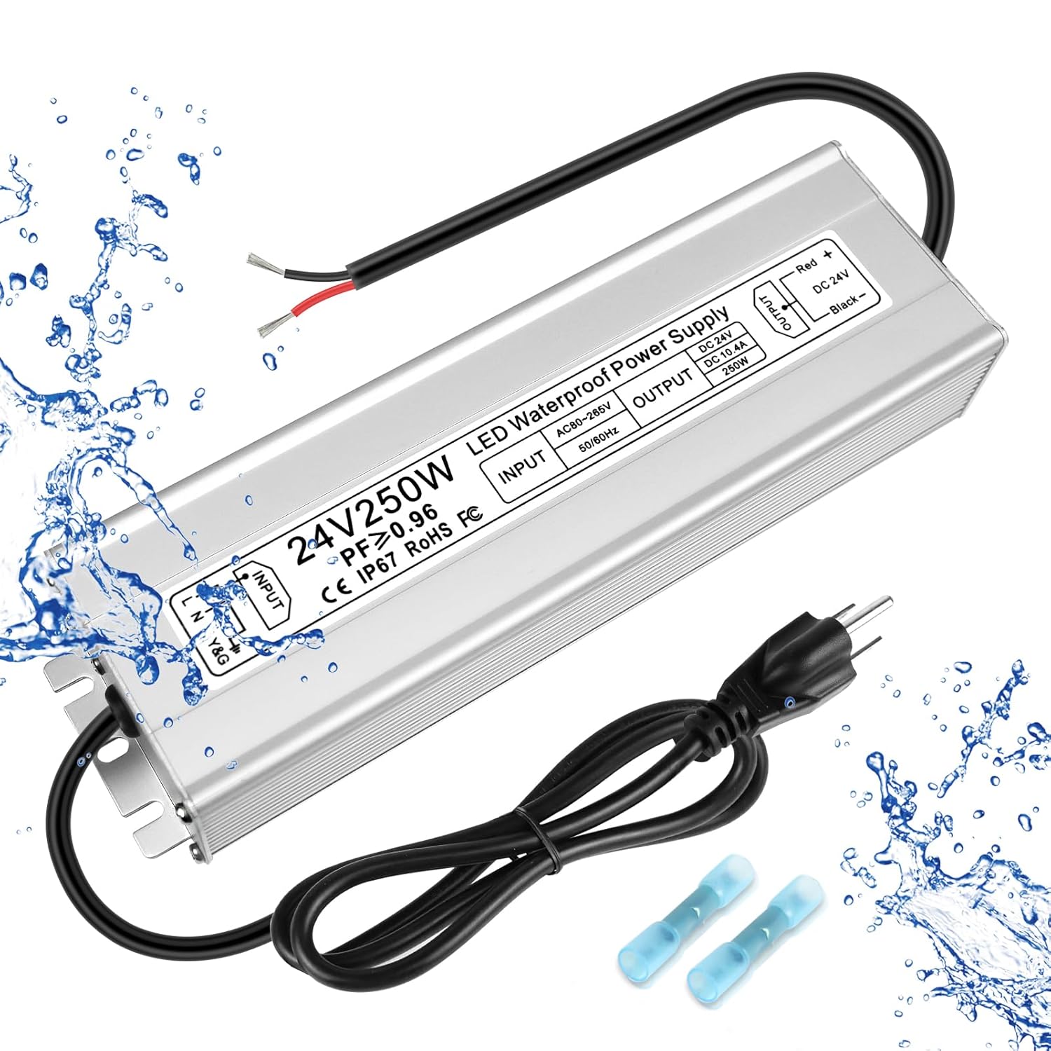 24V Waterproof LED Power Supply 30W–300W, 90–265V Input, Single/Dual Wire Output, Outdoor LED Driver, CE/RoHS/FCC — US/UK/EU Plug & Wire Leads Options