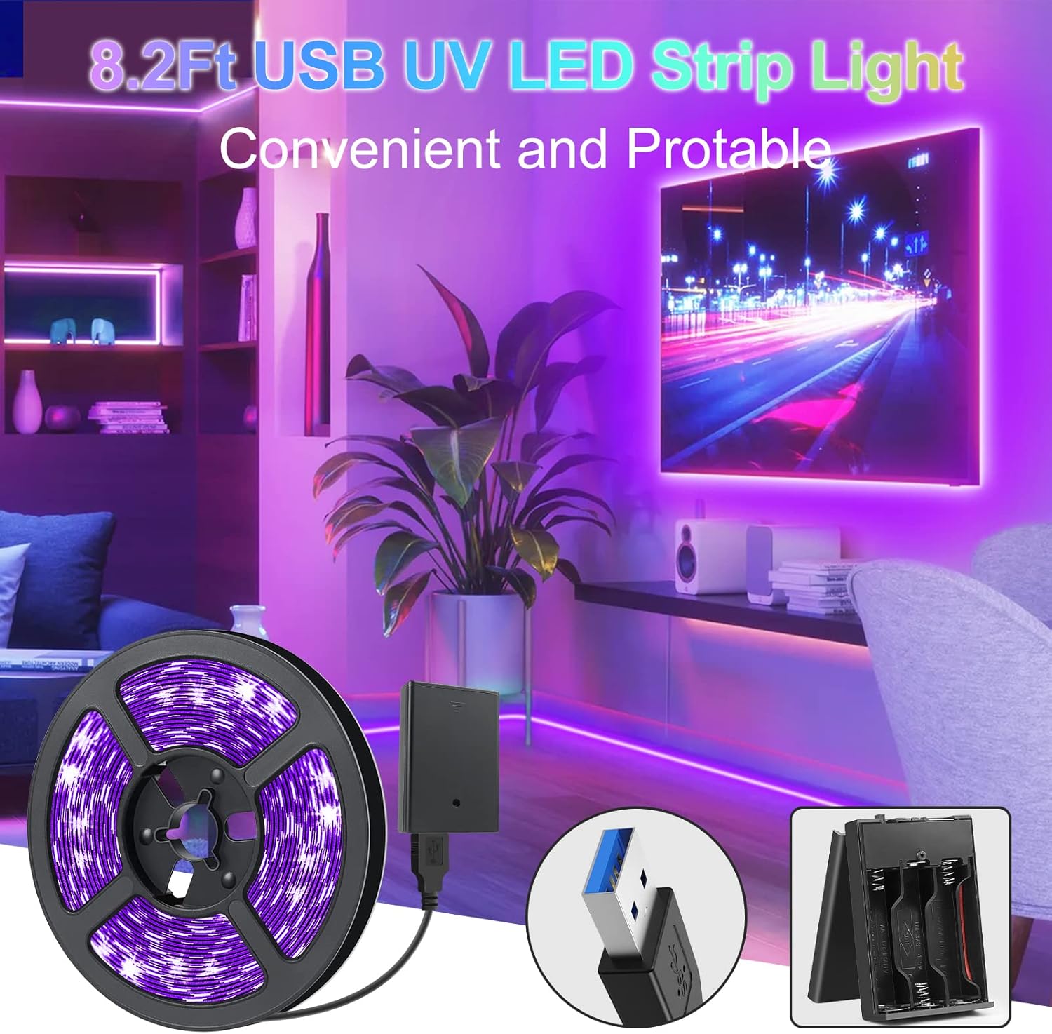 8.2FT UV Black Light LED Strip – SMD3528 | 380–400nm | USB Powered UV Light Strip with Battery Box | Non-Waterproof | For Fluorescent Party, Body Paint, Glow Decoration (2 Pack)