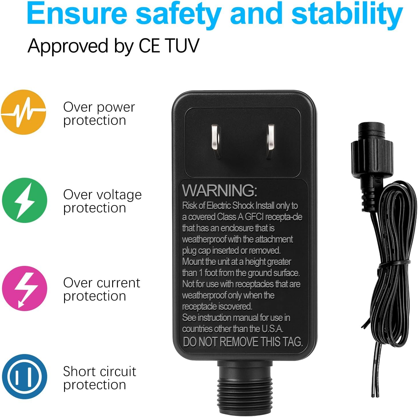 IP44 Class 2 Power Supply, AC 100–240V to DC 4.5V/12V/24V/30V Adapter Transformer, Waterproof Outdoor LED Driver for Inflatable Decorations, String Lights, Christmas Trees — US Plug