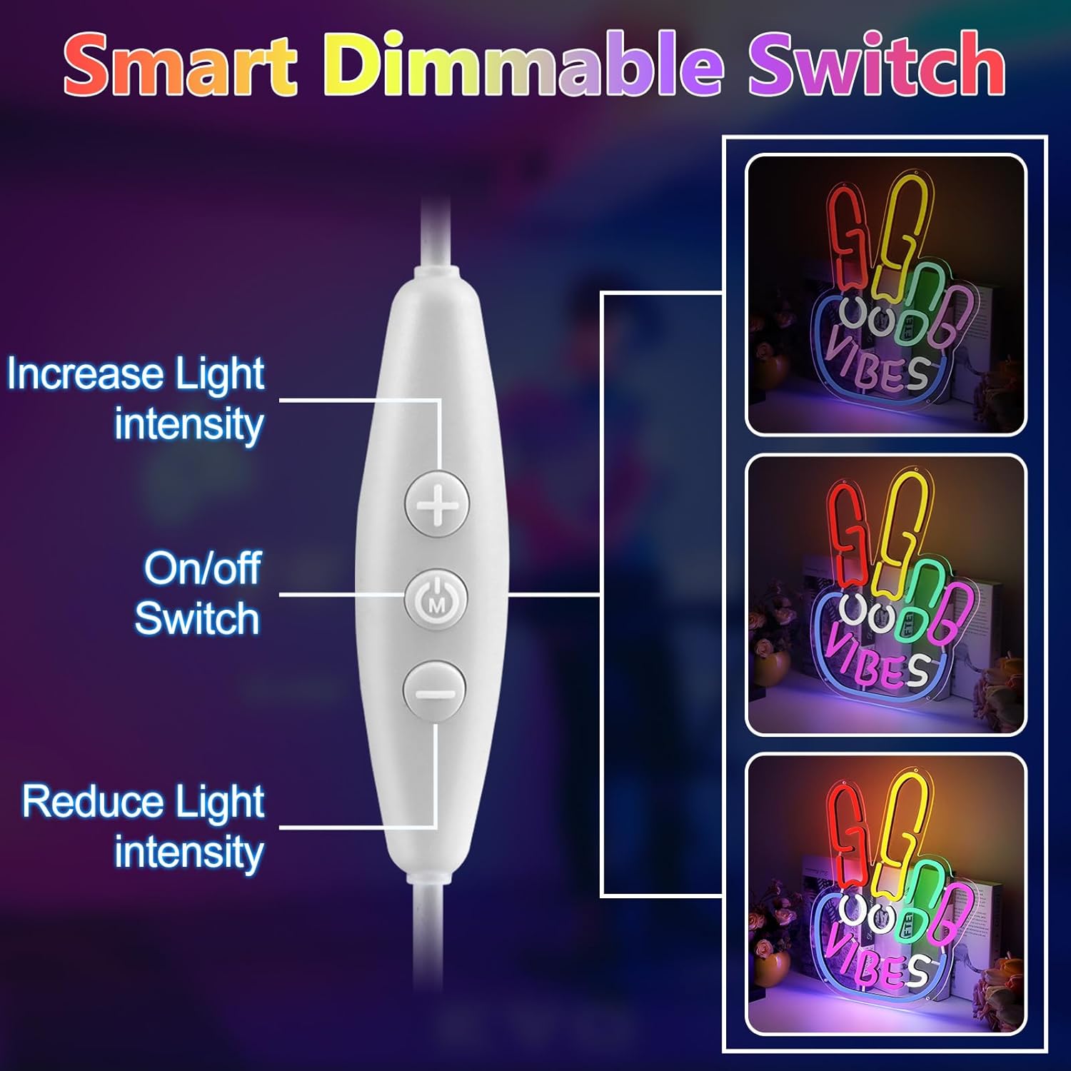 Panneau LED Good Vibes – Signe de la main de la paix | 43 x 33 cm | Néon USB pour décoration murale | À suspendre | Idéal pour une chambre, un dortoir, un salon ou une fête