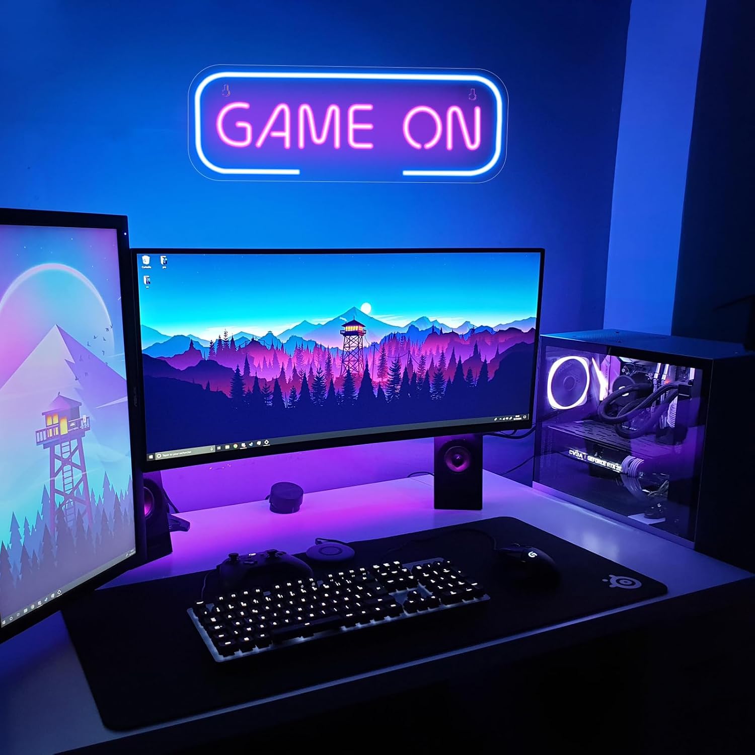 Good Vibes LED Sign – GAME ON Silicone Neon Sign – 15.7×5.6 Inch | 5V USB Powered Dimmable Blue & Pink Glow LED Wall Light | Neon Lamp with Accessories Included | Hanging Gaming Decor for Gaming Room, Bedroom, Setup & Party Spaces