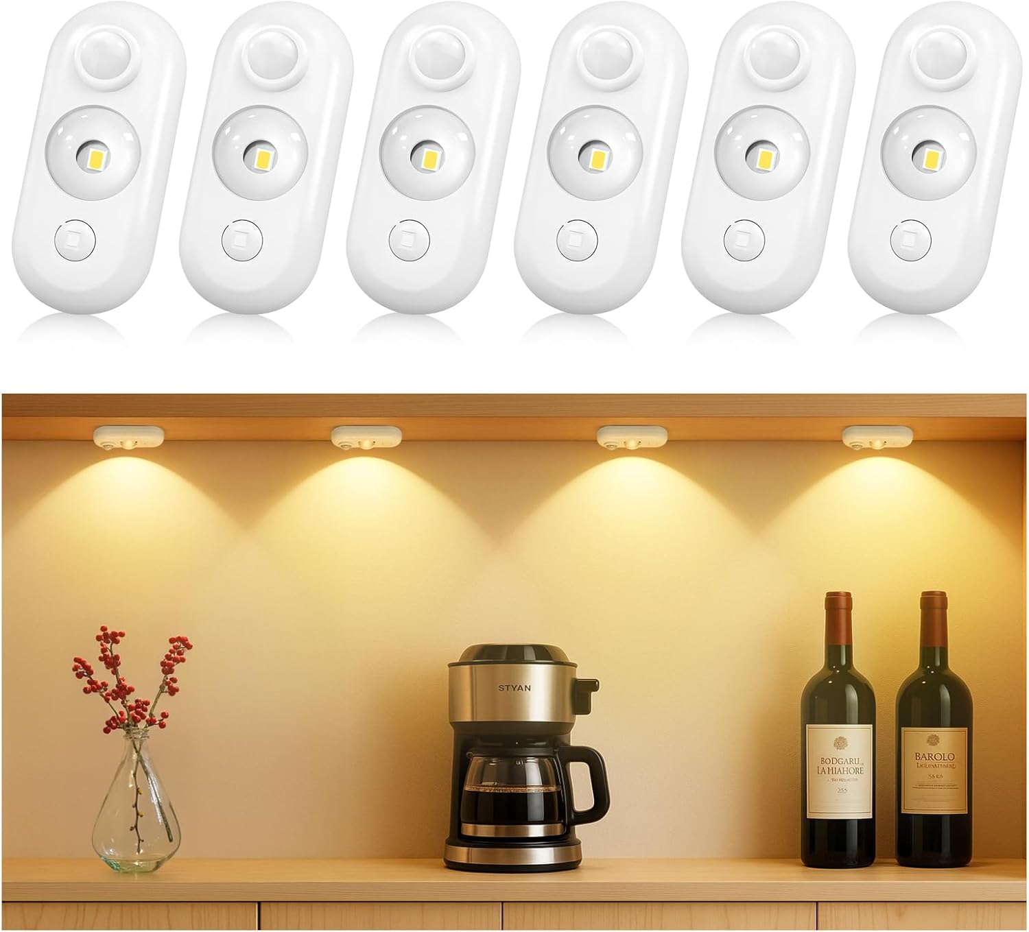 4/6 Pack Rechargeable Oval LED Closet Light | Motion Sensor, Tap Switch, Dimmable | Warm / Daylight White | Black / White Finish | Magnetic Mounting for Closets & Cabinets
