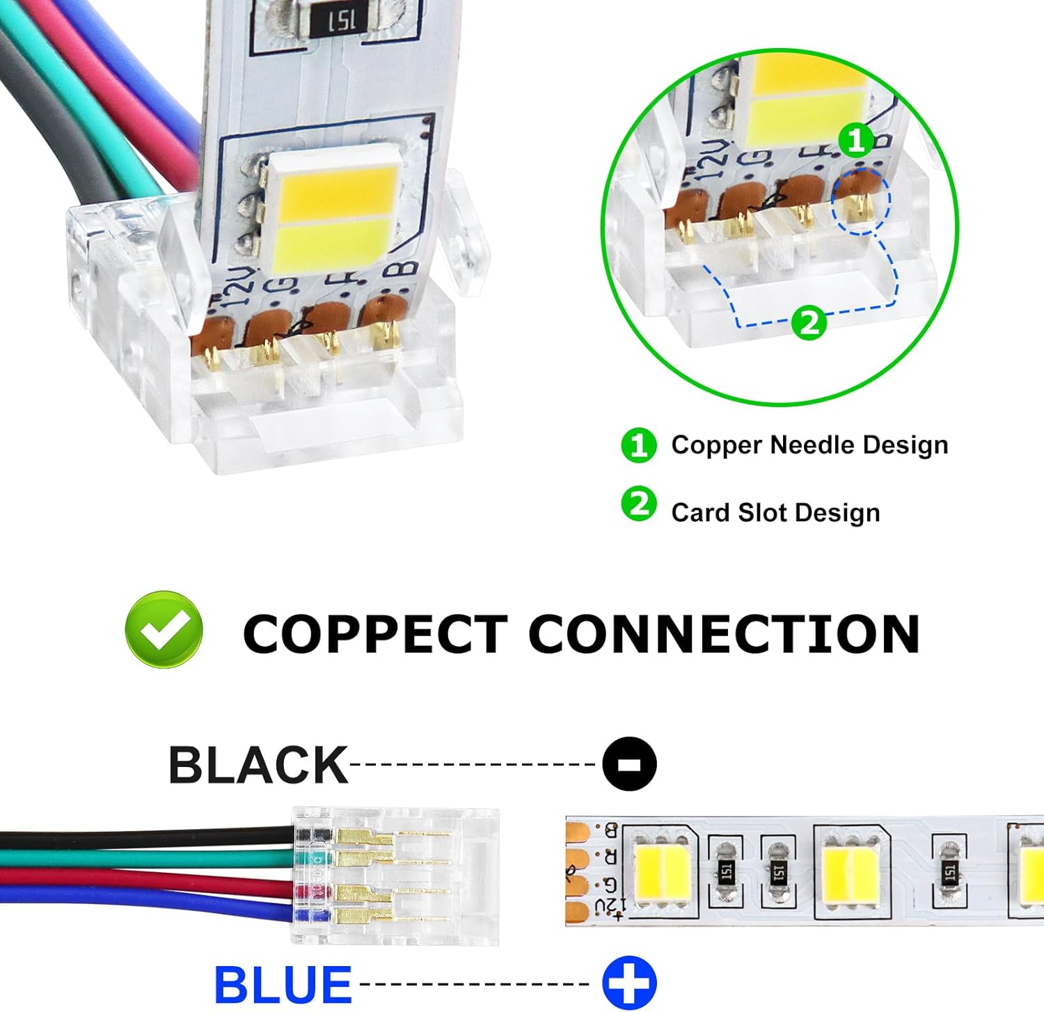 Connecteurs pour bande LED en cristal transparent – Clips sans soudure 10 mm 4 broches | Bande à fil / Bande à bande / Fiche femelle – Vente en gros, 500 pièces, MOQ | Direct usine