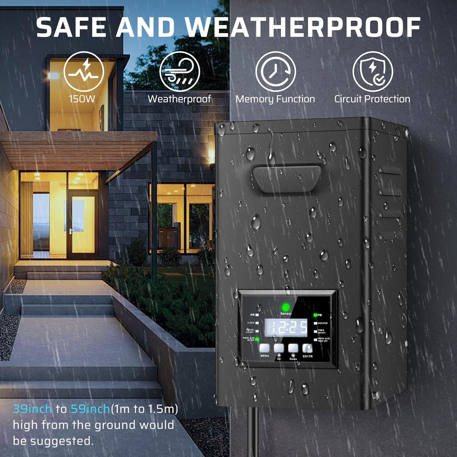 Transformateur basse tension 150 W/170 W avec minuterie et cellule photoélectrique, alimentation extérieure 120 V CA vers 12 V/15 V CA pour éclairage de jardin et d'allée.