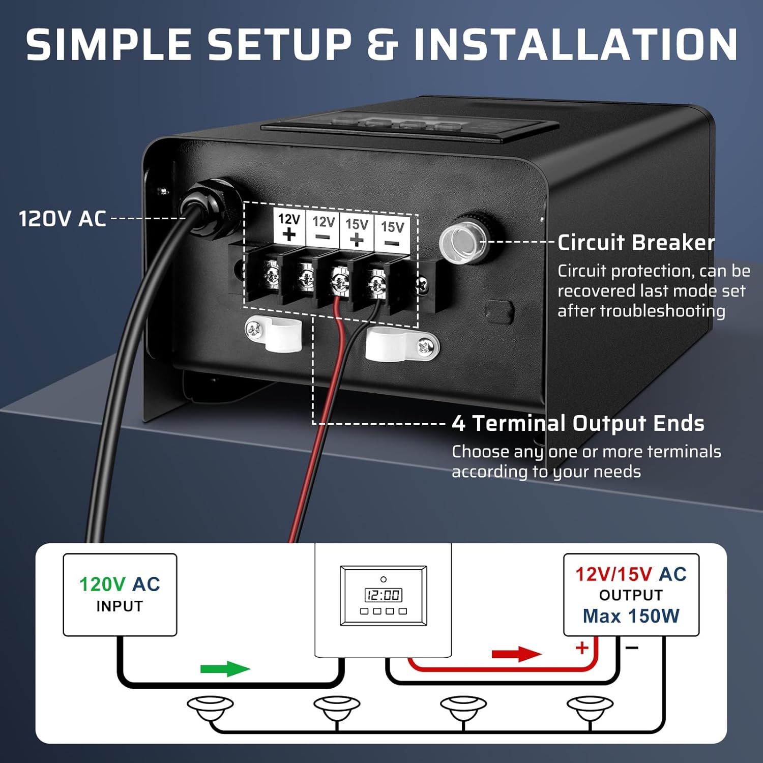 Transformateur basse tension 150 W/170 W avec minuterie et cellule photoélectrique, alimentation extérieure 120 V CA vers 12 V/15 V CA pour éclairage de jardin et d'allée.