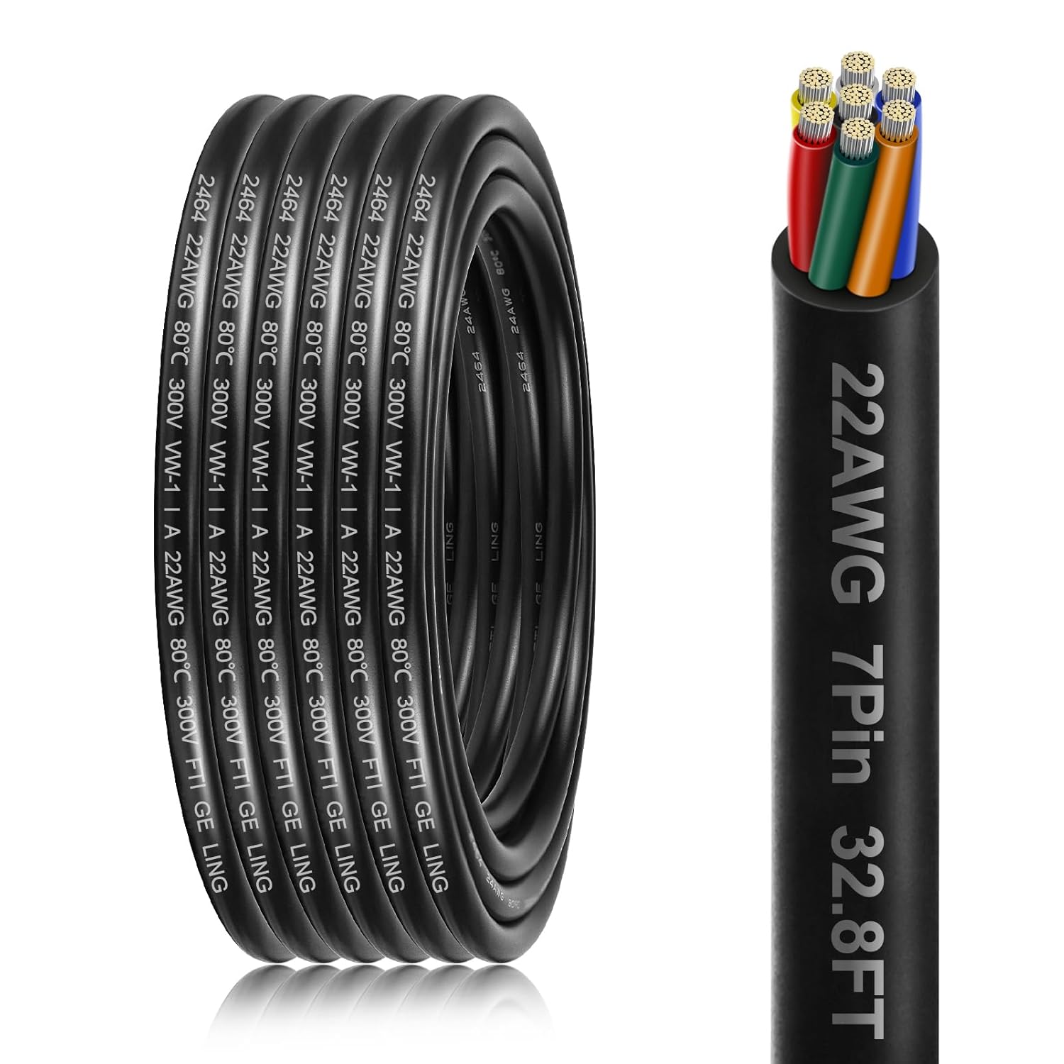 22 AWG Electrical Cable, 6/7/8 Core Stranded Tinned Copper Multi-Conductor Wire, Black/White PVC Sheathed Flexible Control Wire, 10/20/50m (33ft–165ft) Options