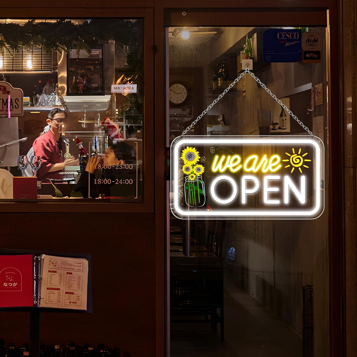 Wir haben geöffnet – Vertikales Neonschild – Warmweiß & Weiß leuchtend | 17×9 / 23×12 Zoll | Fensteraufhängung | Plug & Play für Schaufenster