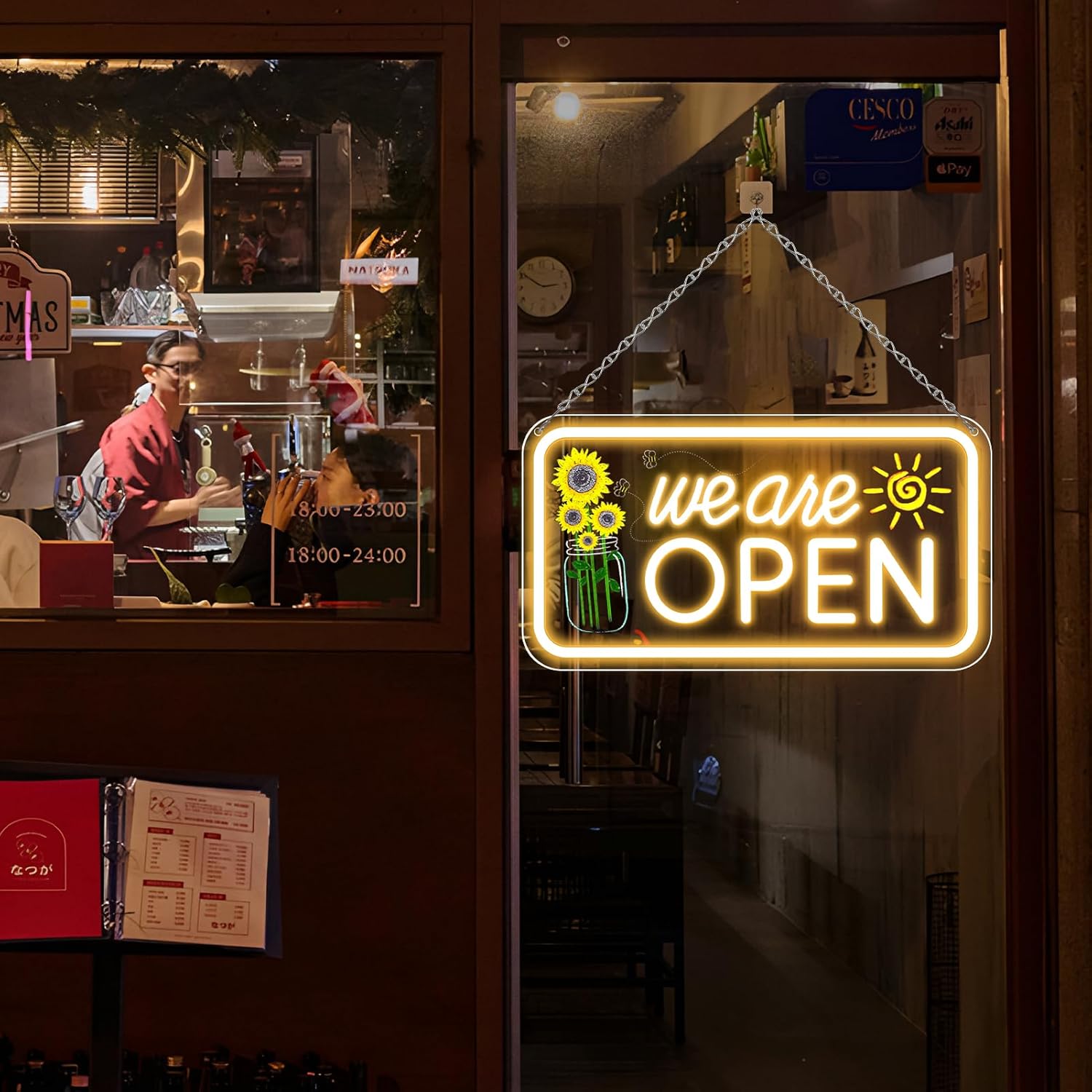 Enseigne verticale néon « Nous sommes ouverts » – Blanc chaud et éclat blanc | 43 cm x 23 cm / 58 cm x 30 cm | Suspension pour vitrine | Plug & Play pour vitrines