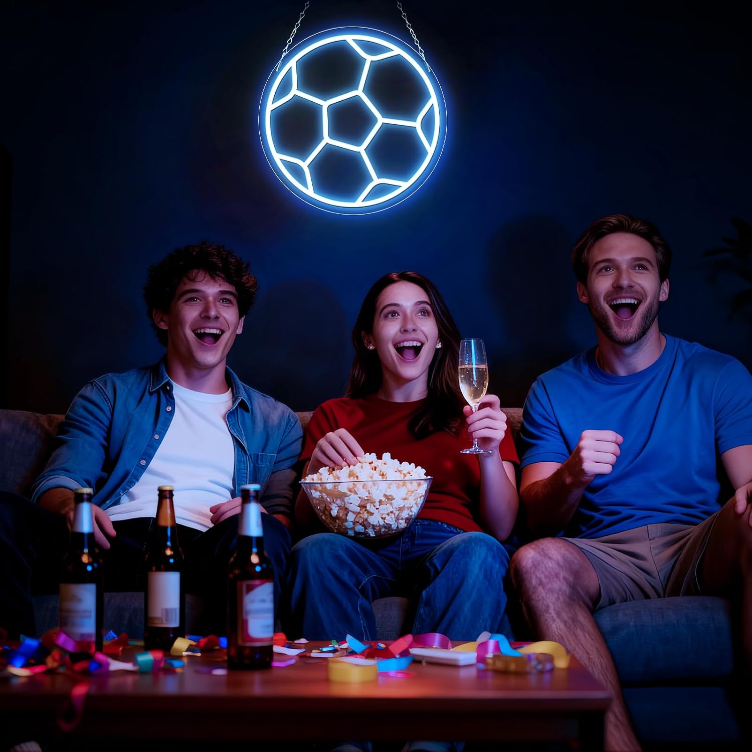 Good Vibes LED Sign – Soccer Ball Silicone Neon Sign – 12×12 Inch | 5V USB Powered Dimmable Ice Blue Glow LED Wall Light | Neon Lamp with Accessories Included | Hanging Sports Decor for Bedroom, Game Room, Bar & Party Spaces