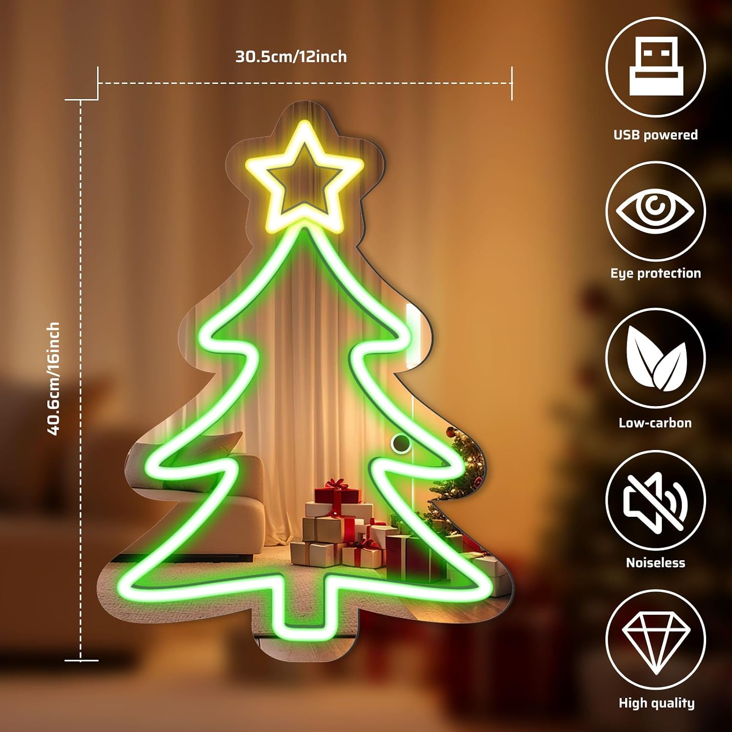 Good Vibes LED Sign – Christmas Tree Silicone Neon Sign – 16×12 Inch | 5V USB Powered Dimmable Green & Yellow Glow LED Wall Light | Neon Lamp with Accessories Included | Hanging Holiday Decor for Christmas Party, Bedroom & Home Spaces