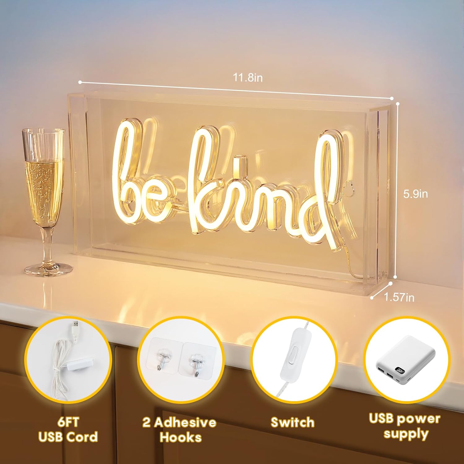 Panneau lumineux de bureau « BE KIND » – Rectangulaire 30,5 x 15,2 cm | Blanc chaud/rose | Alimentation USB | Présentoir de table | Pour chambre de fille, chambre à coucher, pub, hôtel, plage, etc.