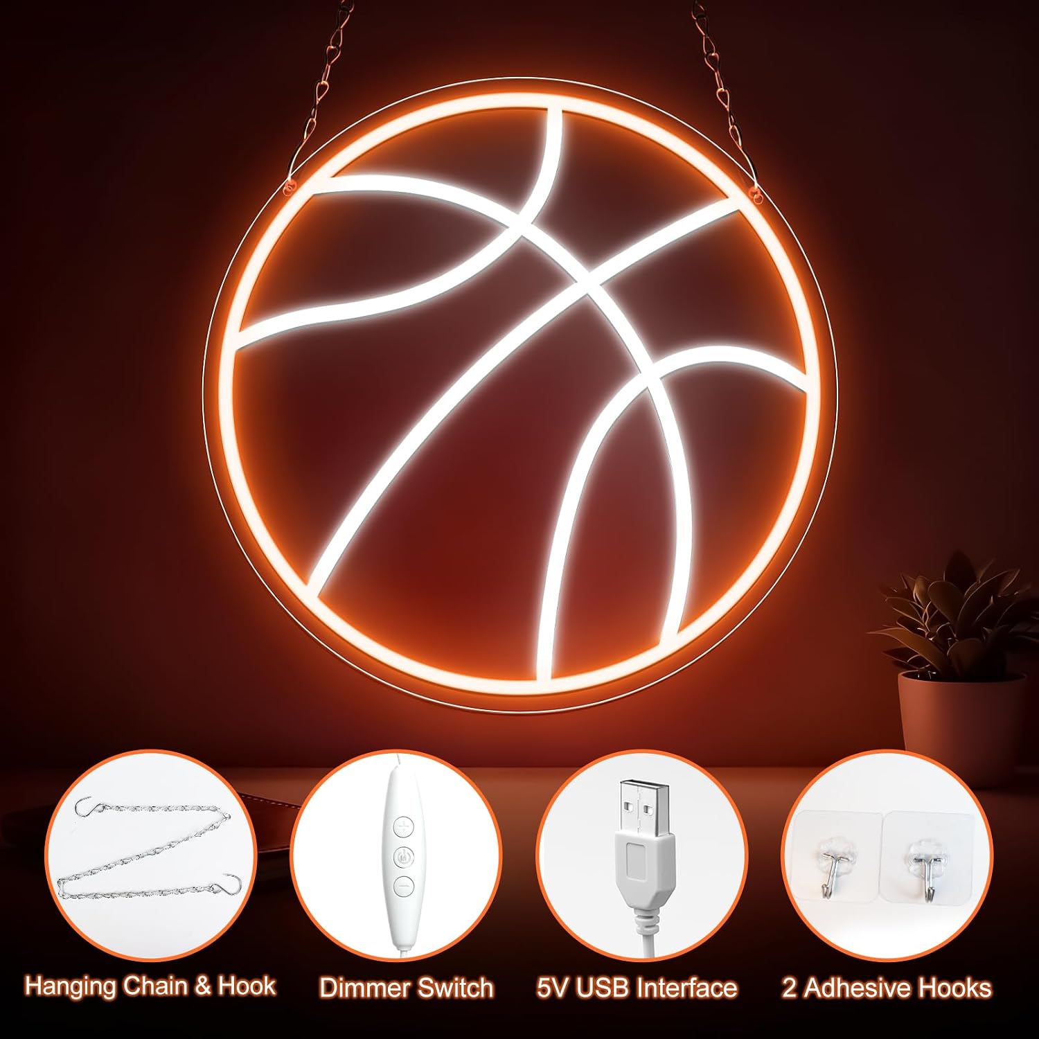 Good Vibes LED Sign – Basketball Silicone Neon Sign – 12.5×12.5 Inch | 5V USB Powered Dimmable Orange & White Glow LED Wall Light | Neon Lamp with Accessories Included | Hanging Sports Decor for Bedroom, Game Room, Bar & Party Spaces