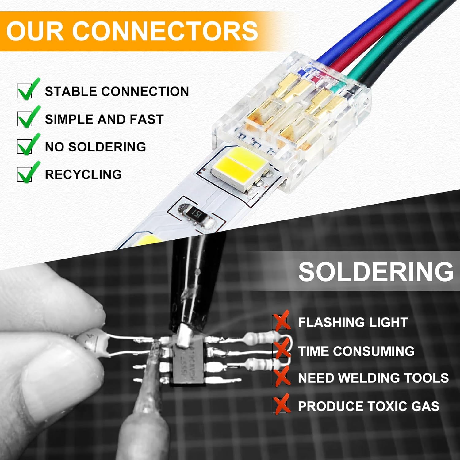 Connecteurs pour bande LED en cristal transparent – Clips sans soudure 10 mm 4 broches | Bande à fil / Bande à bande / Fiche femelle – Vente en gros, 500 pièces, MOQ | Direct usine