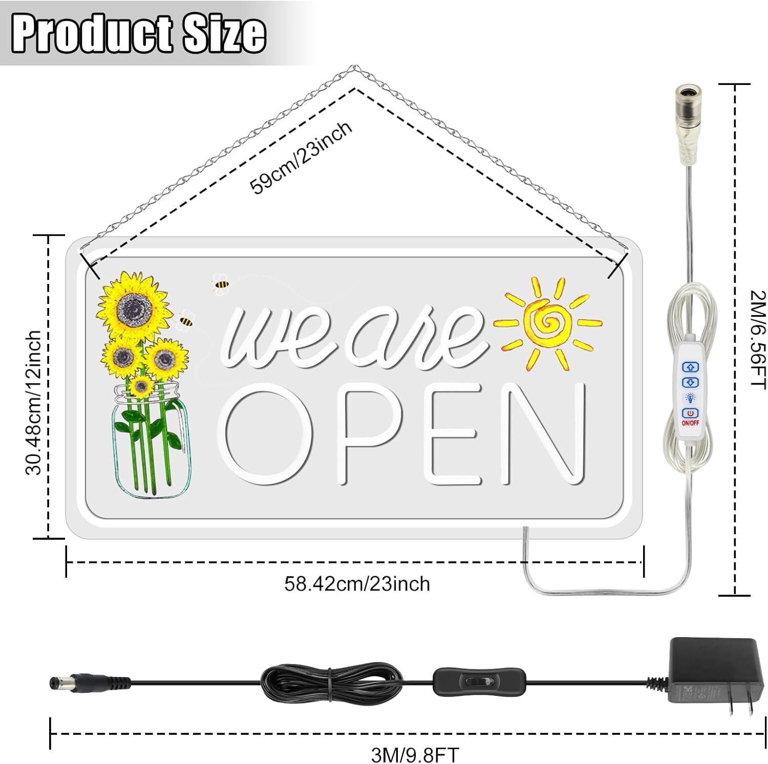 Enseigne néon « Ouvert » avec décor tournesol – Version USB | Blanc chaud / Jaune et blanc | 43 x 23 cm / 61 x 33 cm | Éclairage LED DC 5 V pour vitrine d'entreprise