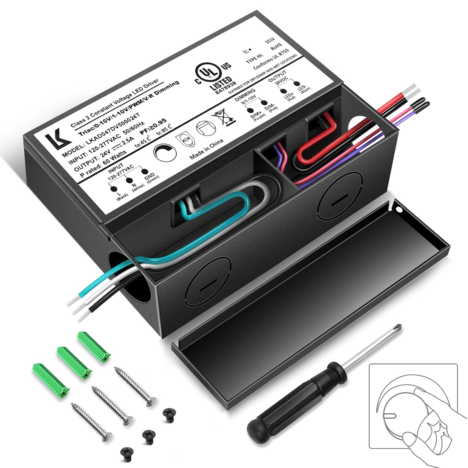 24V DC 5-in-1 Dimmable LED Power Supply, 60W/100W/200W, UL Listed, AC 120–277V Input, Waterproof Driver for Triac/ELV/0-10V/PWM/Resistive Control