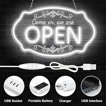 WE ARE OPEN COME IN LED Silicone Neon Sign – 23.5×14 Inch & 16.5×10 Inch | 5V USB Powered Dimmable Light with Engraved Back Design for Storefront Window & Business Decor