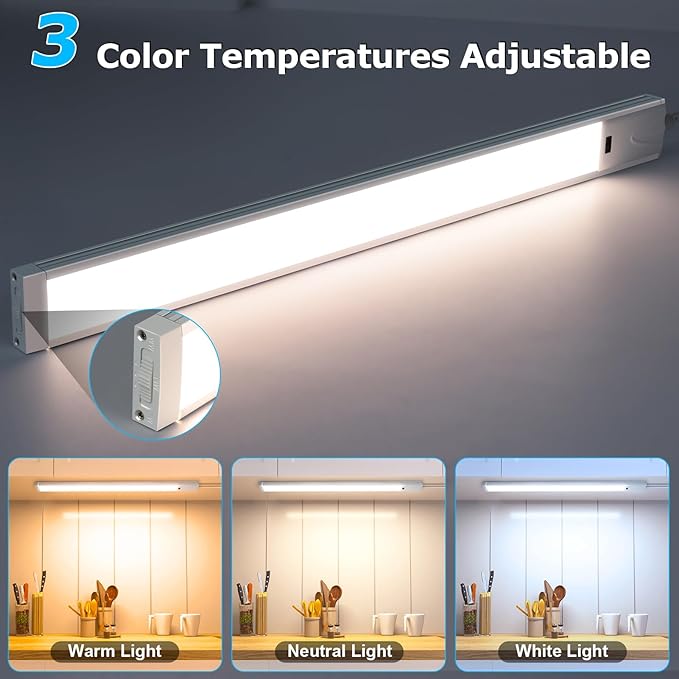 16 Inch Hand Wave Under Cabinet Lights, Ultra Bright 3000K/4000K/6000K Under Counter Lighting, Plug and Play, Dimmable LED Under Cabinet Lighting for Kitchen Cabinet, Cupboard, Closet, Desk (2 Pack)
