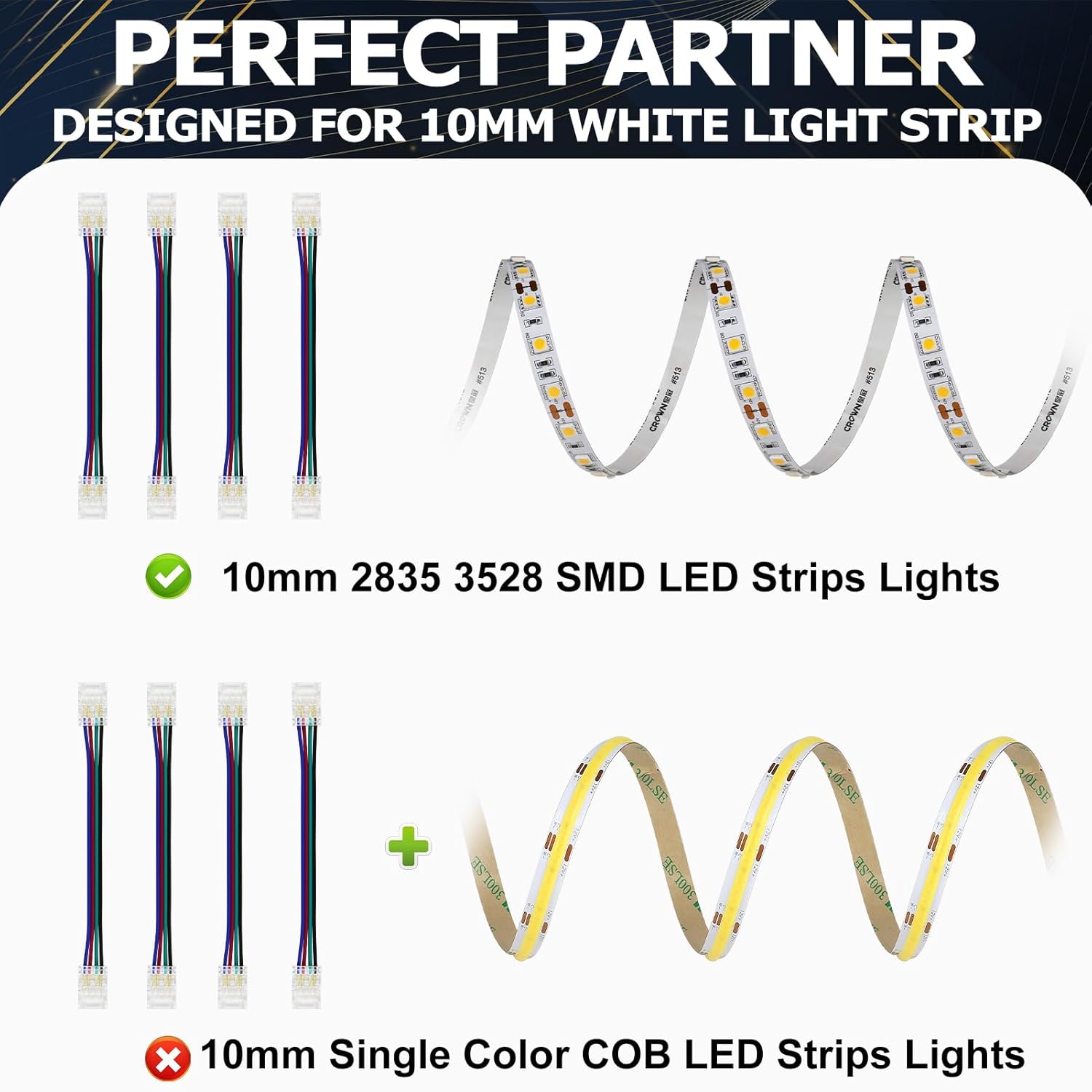 Connecteurs pour bande LED en cristal transparent – Clips sans soudure 10 mm 4 broches | Bande à fil / Bande à bande / Fiche femelle – Vente en gros, 500 pièces, MOQ | Direct usine