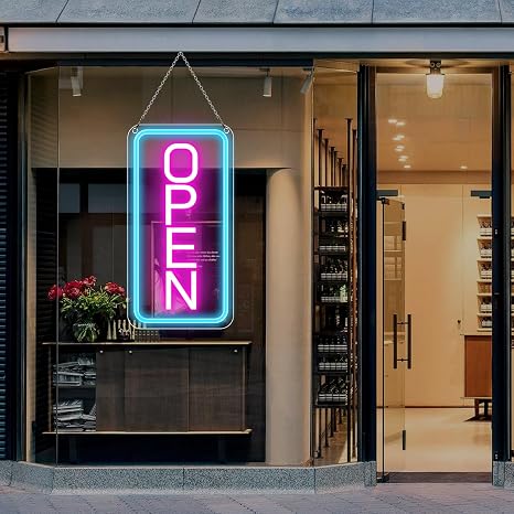 Vertikales OPEN-Neonschild – USB-betrieben | 44×24 cm (17×9 Zoll) | 6 Farboptionen | LED-Fenster-Hängeleuchte für Schaufenster