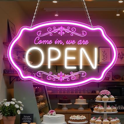Come in We’re Open Silicone Neon Signs – Pink + White Glow | 16.5 × 10 inch | Window Hanging Business Sign | Plug & Play