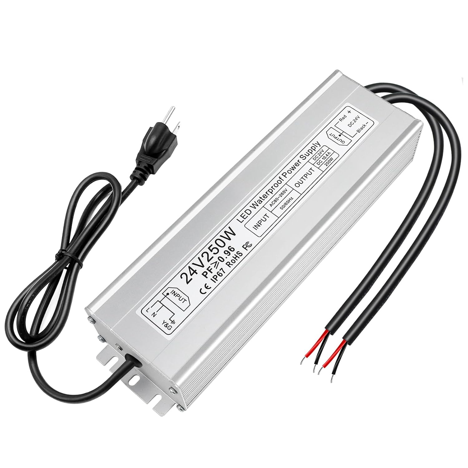 24V Waterproof LED Power Supply 30W–300W, 90–265V Input, Single/Dual Wire Output, Outdoor LED Driver, CE/RoHS/FCC — US/UK/EU Plug & Wire Leads Options