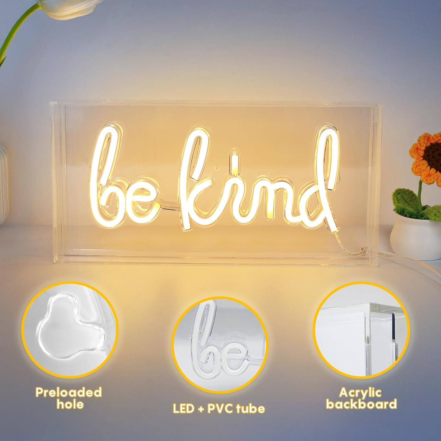 Panneau lumineux de bureau « BE KIND » – Rectangulaire 30,5 x 15,2 cm | Blanc chaud/rose | Alimentation USB | Présentoir de table | Pour chambre de fille, chambre à coucher, pub, hôtel, plage, etc.