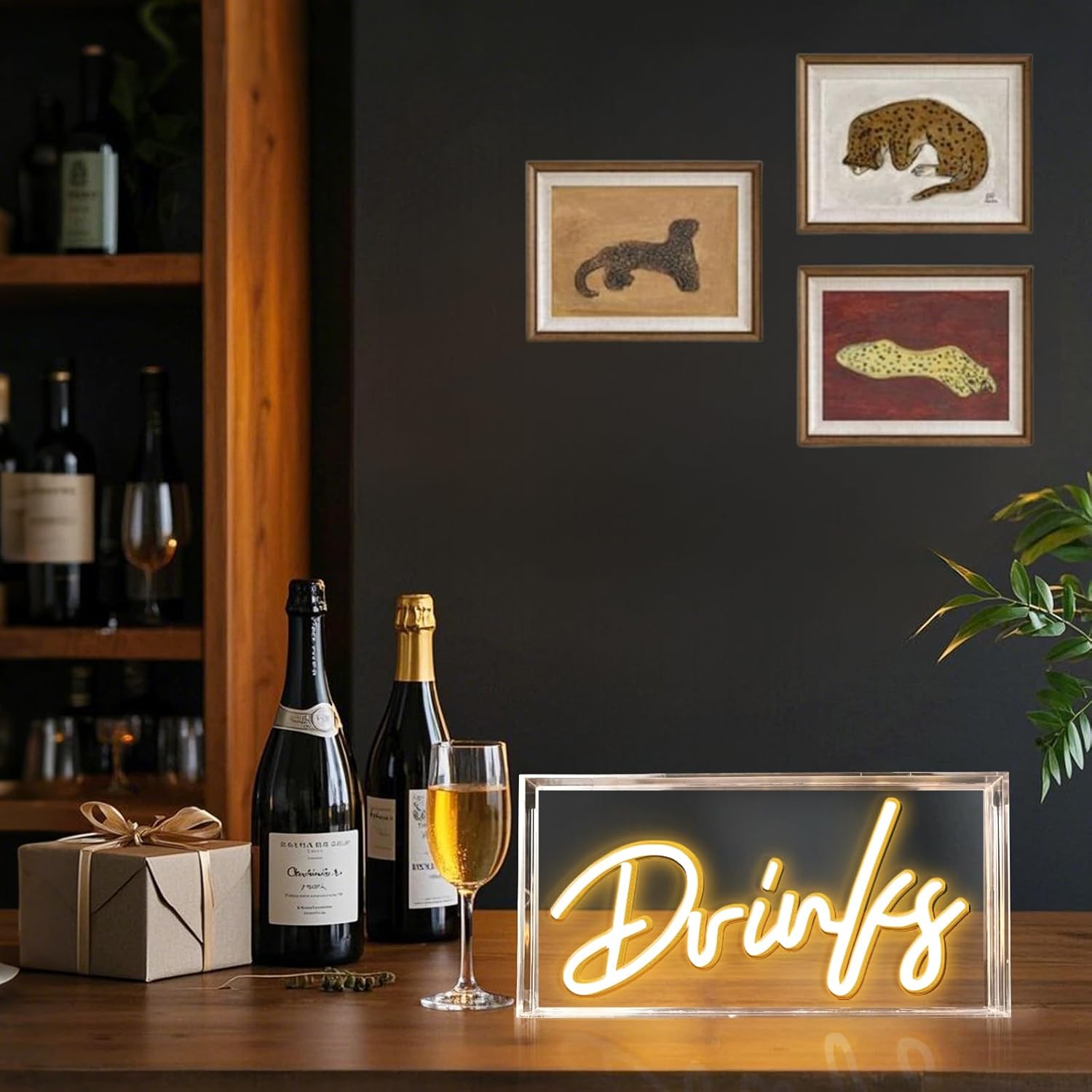 Panneau lumineux de bureau DRINKS – Rectangulaire 30,5 x 15,2 cm | Blanc chaud/rose | Alimentation USB | Présentoir de table | Pour décoration de table, bar, cuisine, club, pub, restaurant, décoration murale et accessoires pour chariot de bar