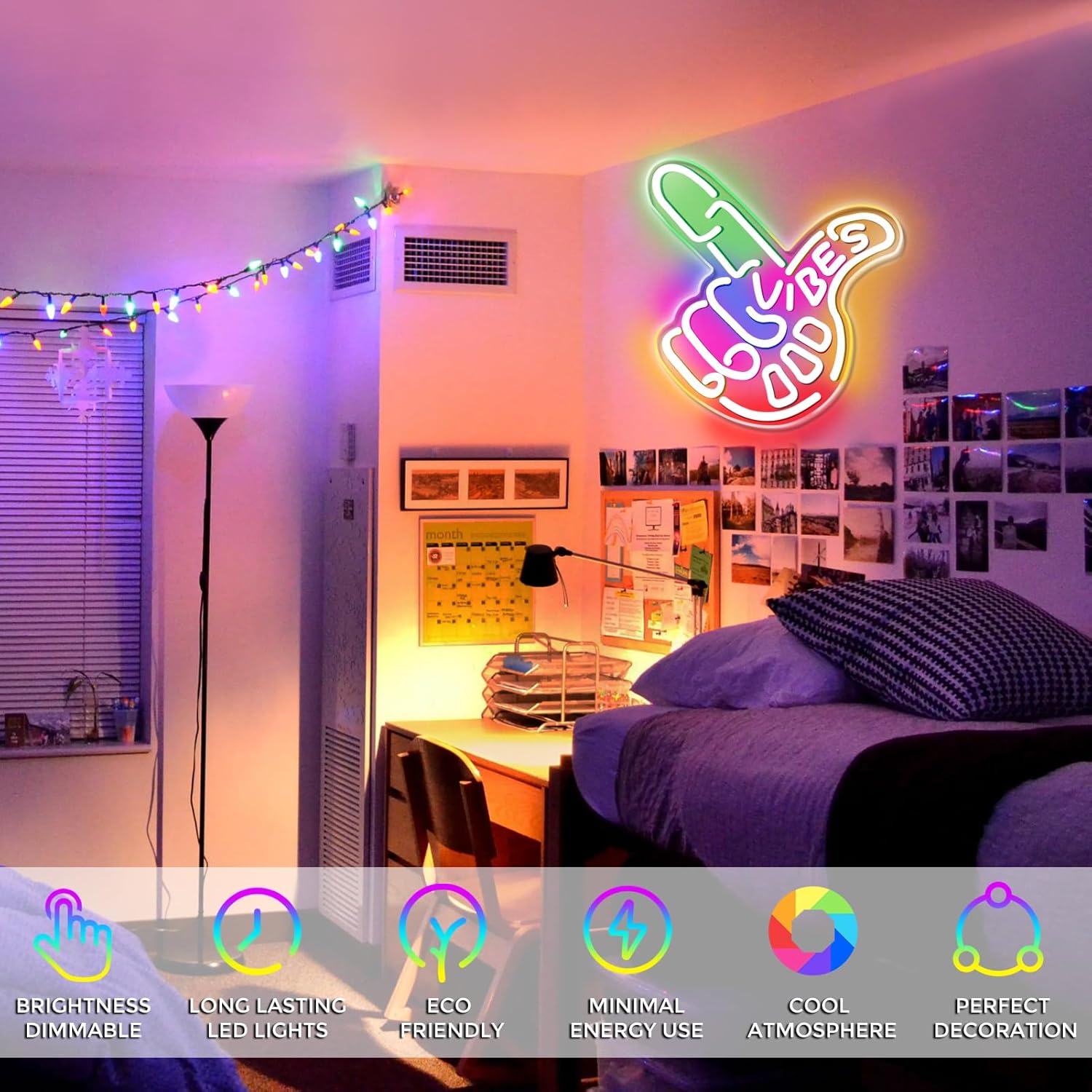 Panneau LED « Good Vibes » – Panneau « Main cool » | 43 cm x 33 cm | Néon USB pour décoration murale | À suspendre | Idéal pour chambre, dortoir, salon, fête