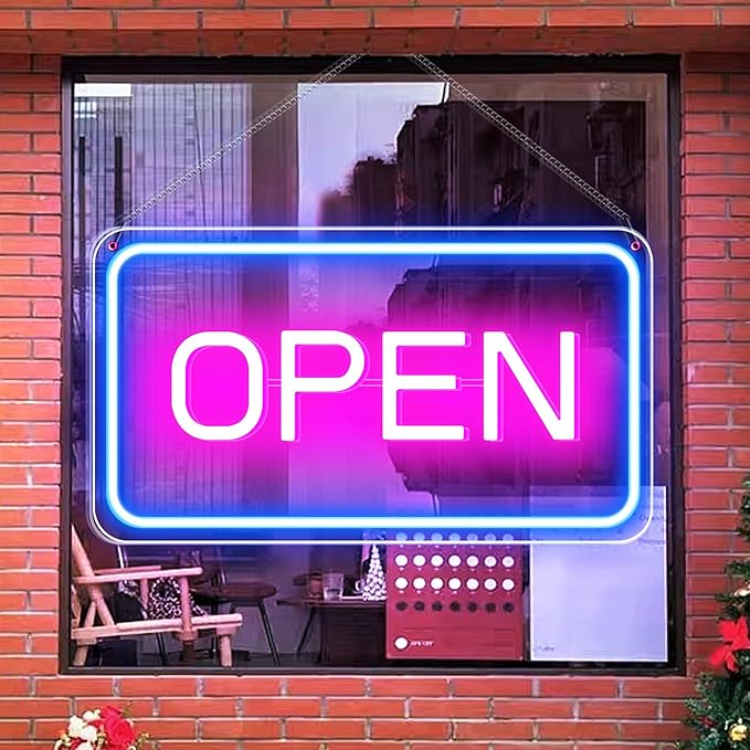 LED-Neonschild „OPEN“ – rechteckig | 4 Leuchtfarbenoptionen | 16×9 / 23×12 Zoll | Fensteraufhängung | Plug & Play für Schaufenster