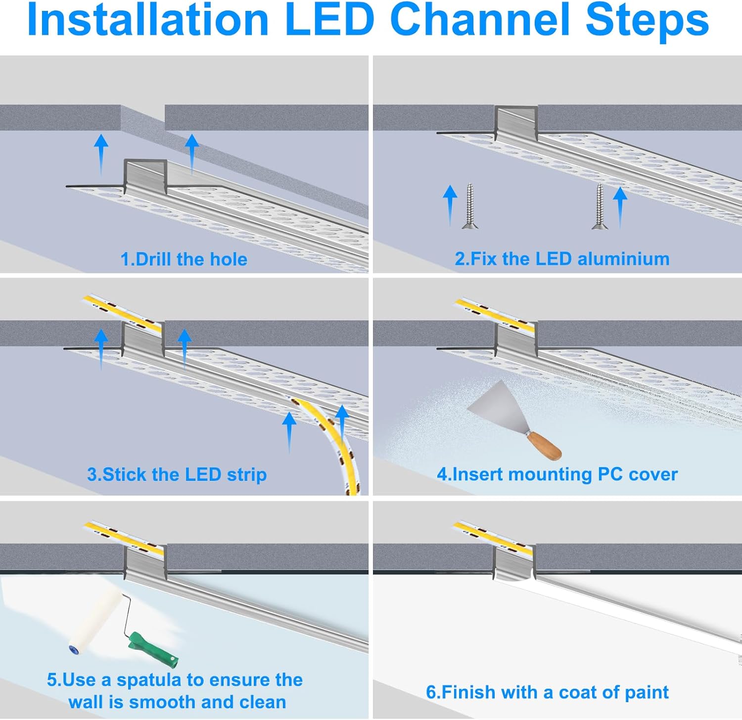 Double-Sided Plaster-in Drywall LED Aluminum Channels– Fit for 1 to 12mm LED Strip | 1Meter | Silver | Milky White Cover | 4 / 6 / 10 -Pack | Local Stock US/UK