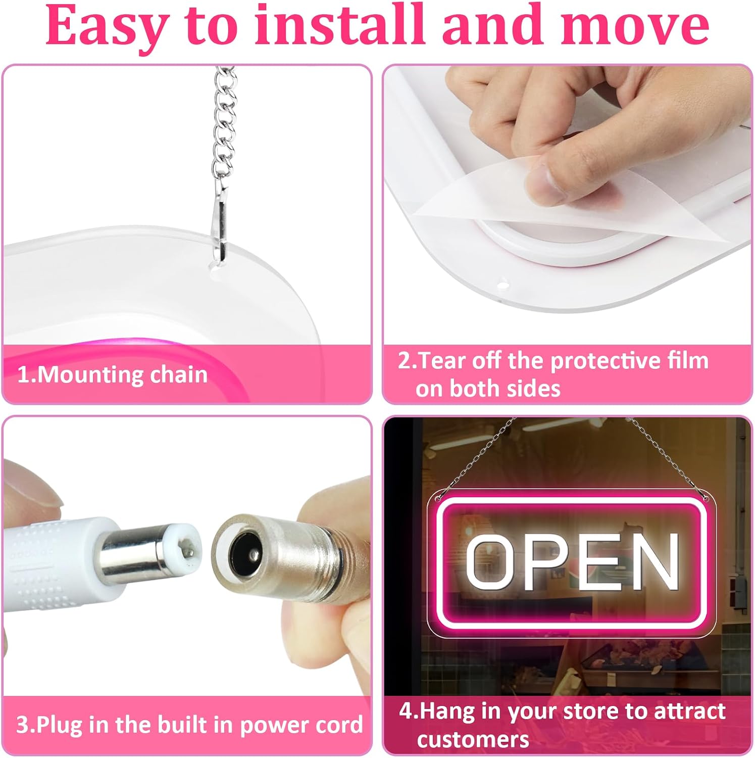 OPEN COB LED Sign – 22.8×11.8 Inch | 12V Powered Pink & White Glow Light | Horizontal & Vertical Style with US Plug for Storefront & Business Decor
