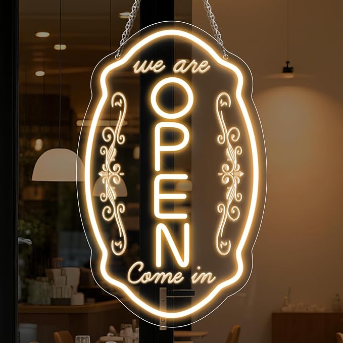 WE ARE OPEN COME IN LED Silicone Neon Sign – 16.5×10 Inch (42×25 cm) | 5V USB Powered Warm White Dimmable Light with Horizontal & Vertical Style for Storefront Window & Business Decor