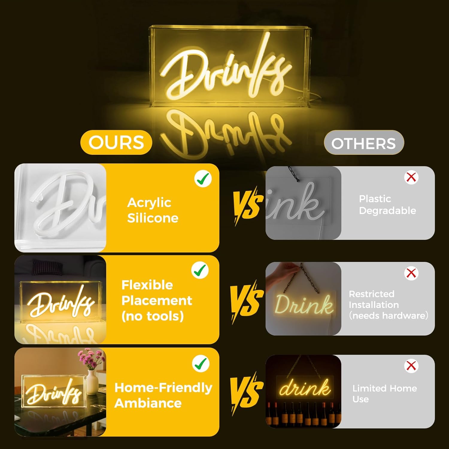 Panneau lumineux de bureau DRINKS – Rectangulaire 30,5 x 15,2 cm | Blanc chaud/rose | Alimentation USB | Présentoir de table | Pour décoration de table, bar, cuisine, club, pub, restaurant, décoration murale et accessoires pour chariot de bar