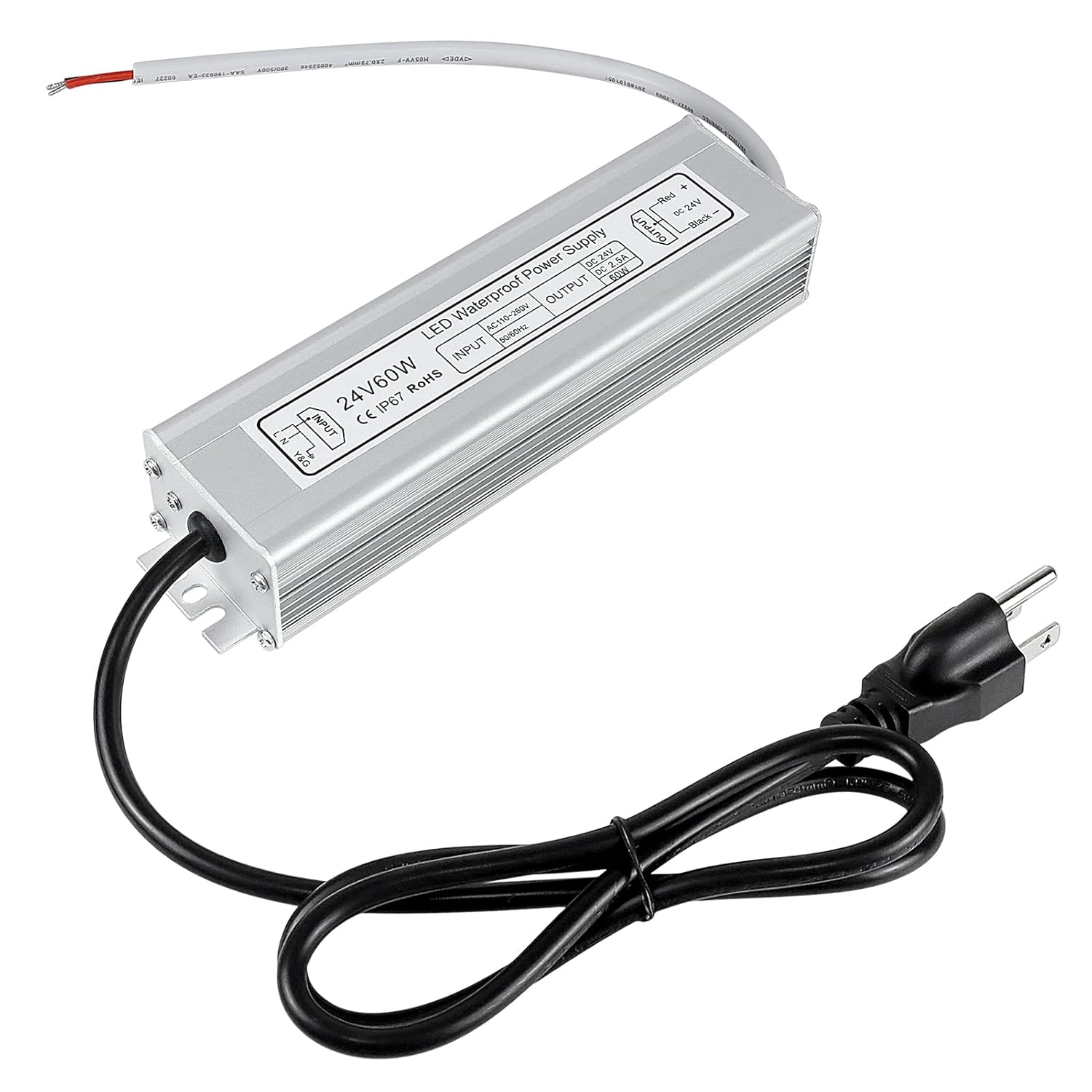 24V Waterproof LED Power Supply 30W–300W, 90–265V Input, Single/Dual Wire Output, Outdoor LED Driver, CE/RoHS/FCC — US/UK/EU Plug & Wire Leads Options