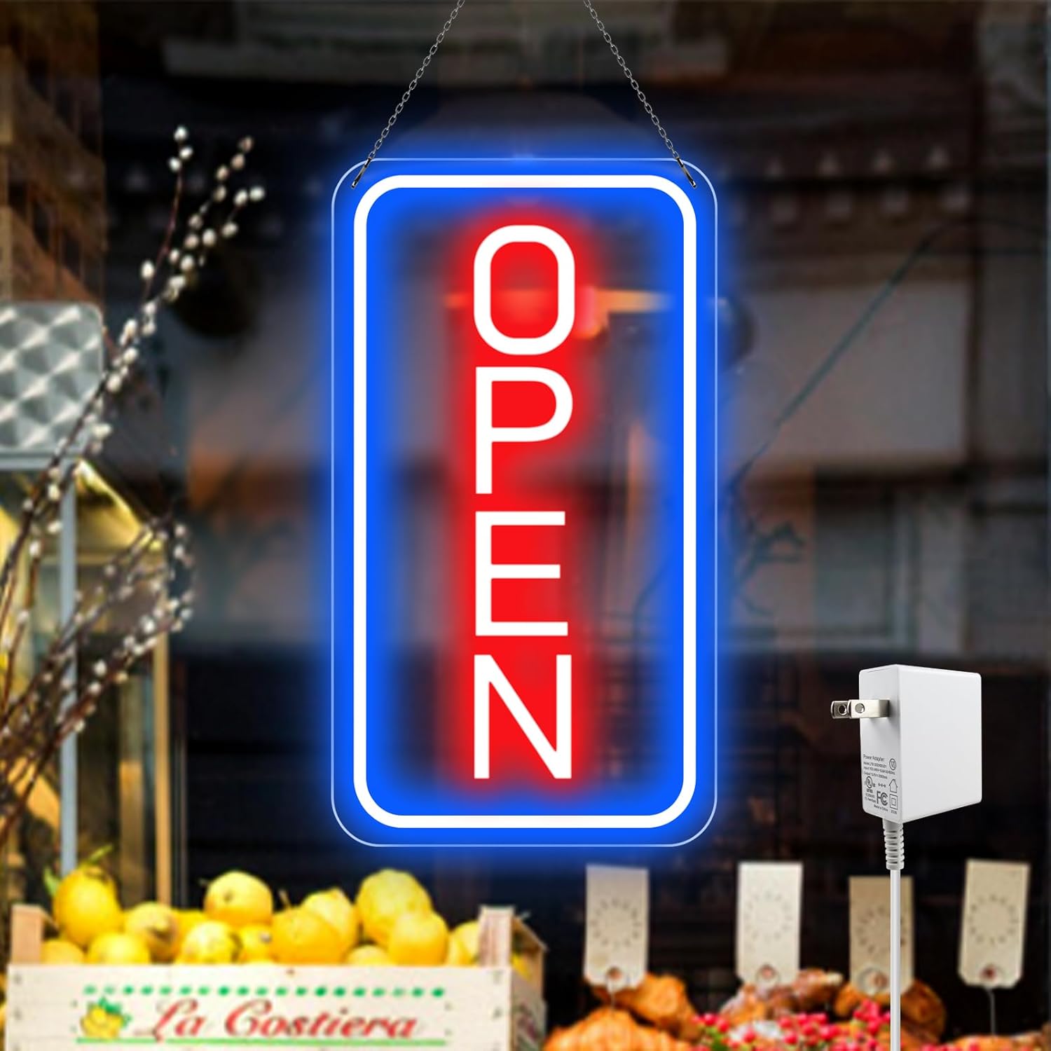 OPEN Neon LED Sign – Vertical Rectangular | 5 Glow Color Options | 16×9 / 23×12 inch | Window Hanging | Plug & Play for Storefronts