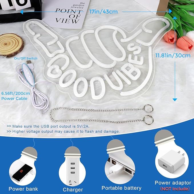 Panneau LED « Good Vibes » – Main Shaka | 43 cm x 33 cm | Néon USB pour décoration murale | À suspendre | Idéal pour chambre, dortoir, salon, fête