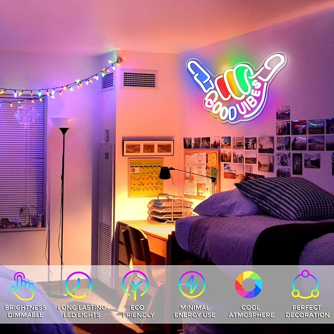 Panneau LED « Good Vibes » – Main Shaka | 43 cm x 33 cm | Néon USB pour décoration murale | À suspendre | Idéal pour chambre, dortoir, salon, fête