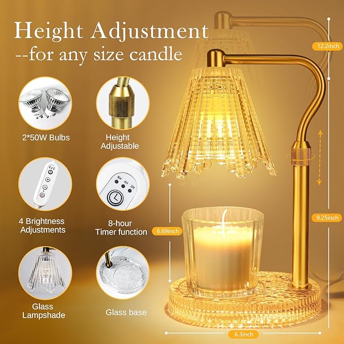 Crystal Candle Warmer Lamp with Timer, Adjustable Height Glass Candle Light, Vintage Electric Wax Melt Warmer with Dimmer, Home Fragrance Décor and House Warming Birthday Gifts for Women Mom