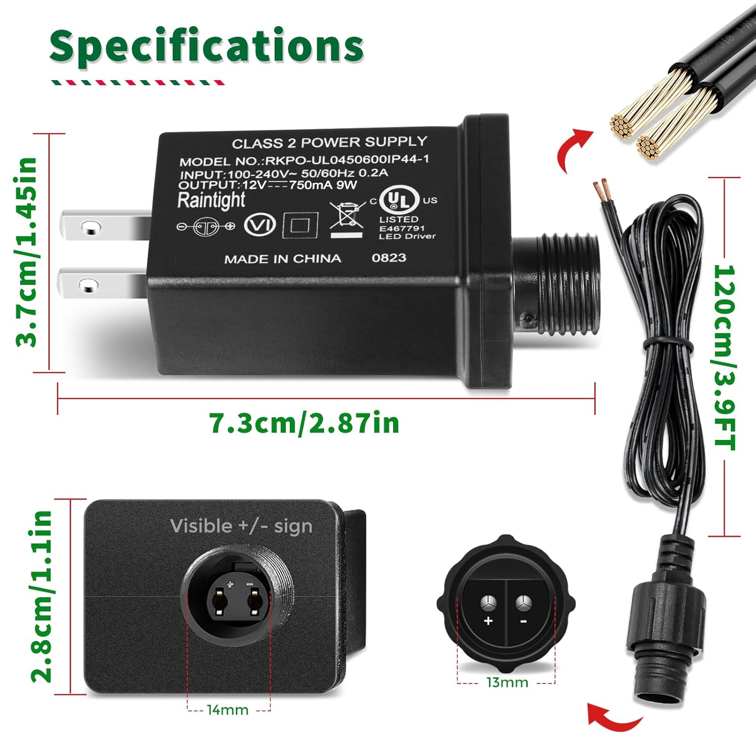 IP44 Class 2 Power Supply, AC 100–240V to DC 4.5V/12V/24V/30V Adapter Transformer, Waterproof Outdoor LED Driver for Inflatable Decorations, String Lights, Christmas Trees — US Plug