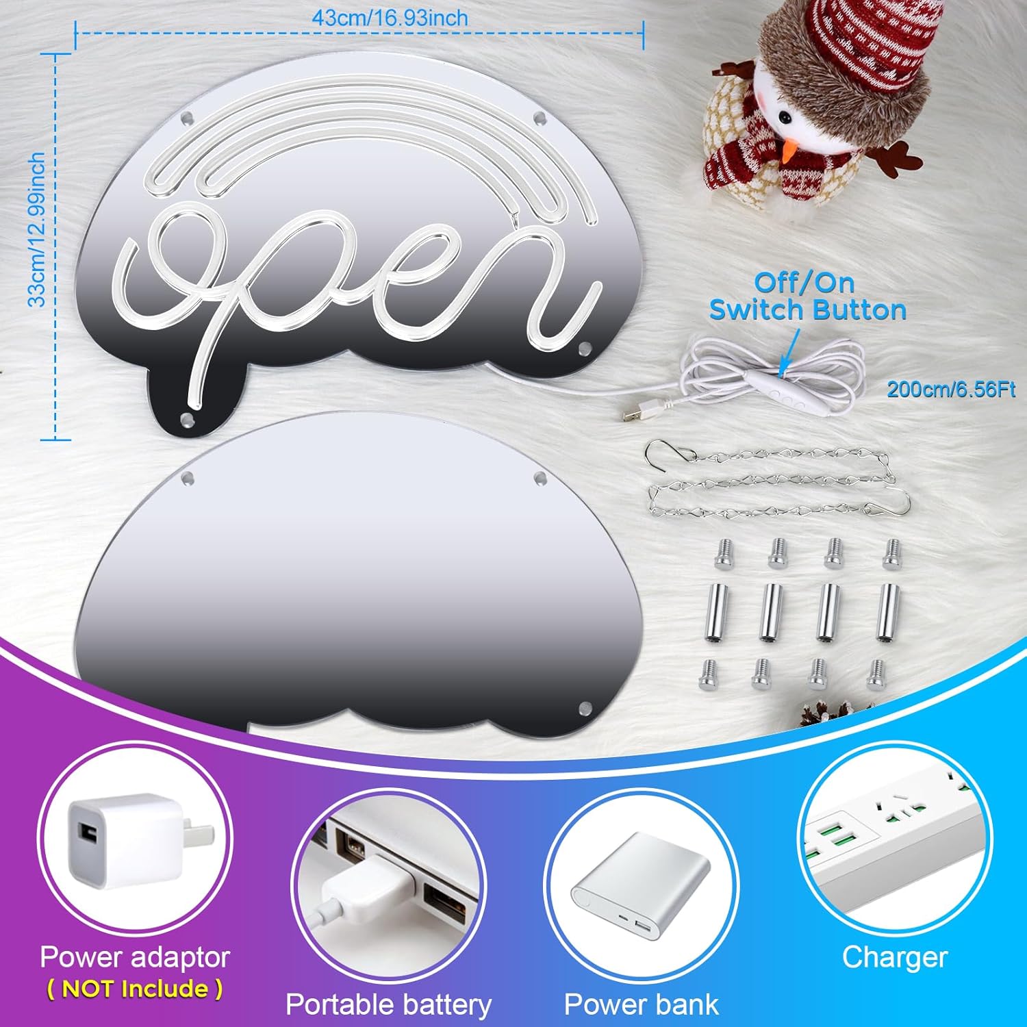 LED Open Neon Sign, Dimmable Open Signs for Business with ON/OFF Switch, 17"x12", 5V USB Powered Rainbow LED Neon Light Sign for Wall Decor, Shop, Bar, Home