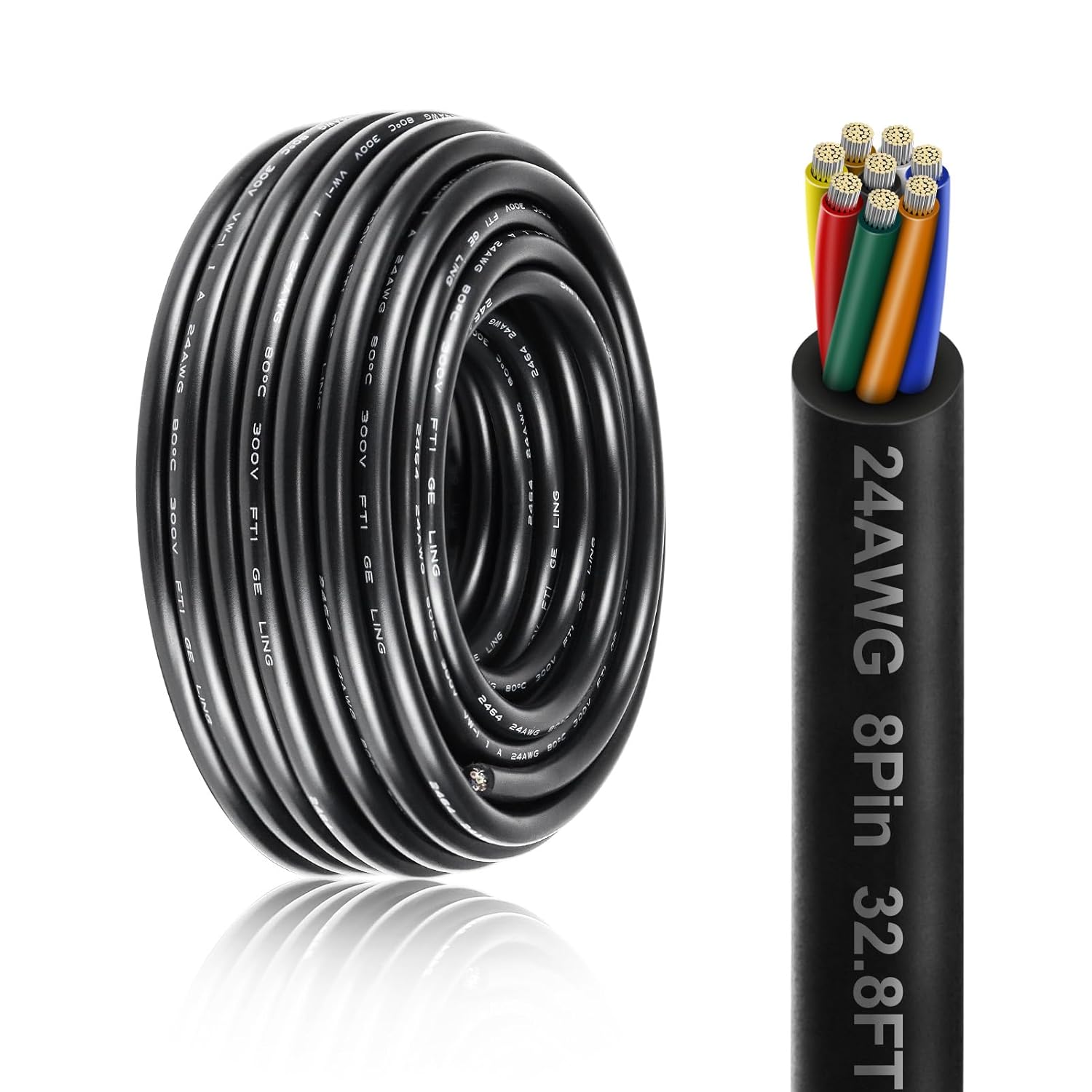 24 AWG Electrical Cable, 6/7/8 Conductor Stranded Tinned Copper Multi-Core Wire, Black/White PVC Jacket Flexible Control Extension Cord, 10/20/50m (33ft–165ft) Options