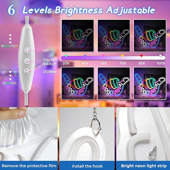 Panneau LED « Good Vibes » – Main Shaka | 43 cm x 33 cm | Néon USB pour décoration murale | À suspendre | Idéal pour chambre, dortoir, salon, fête