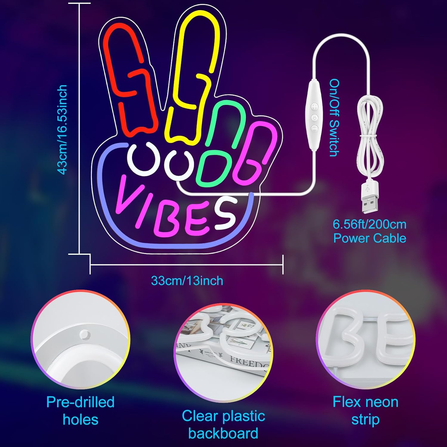 Panneau LED Good Vibes – Signe de la main de la paix | 43 x 33 cm | Néon USB pour décoration murale | À suspendre | Idéal pour une chambre, un dortoir, un salon ou une fête